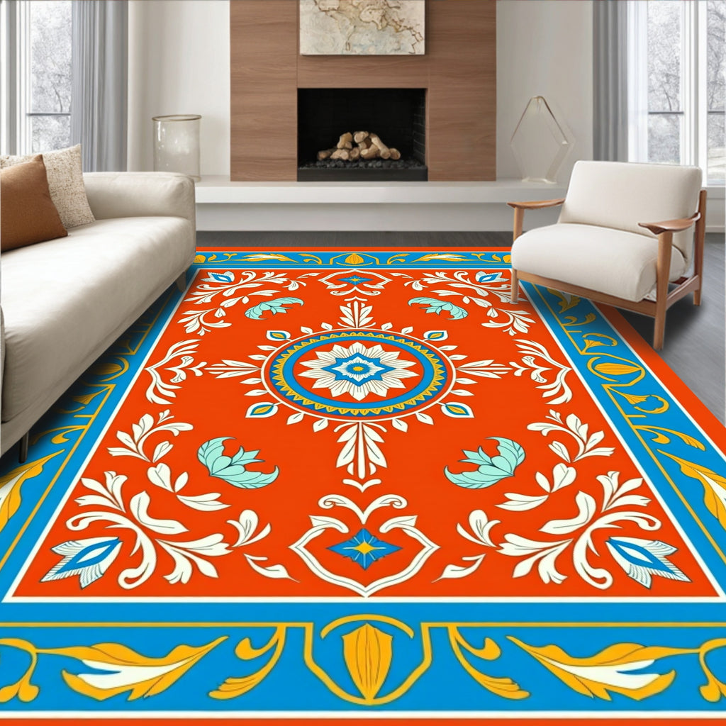 Vibrant Orange Floral Medallion Border Rug