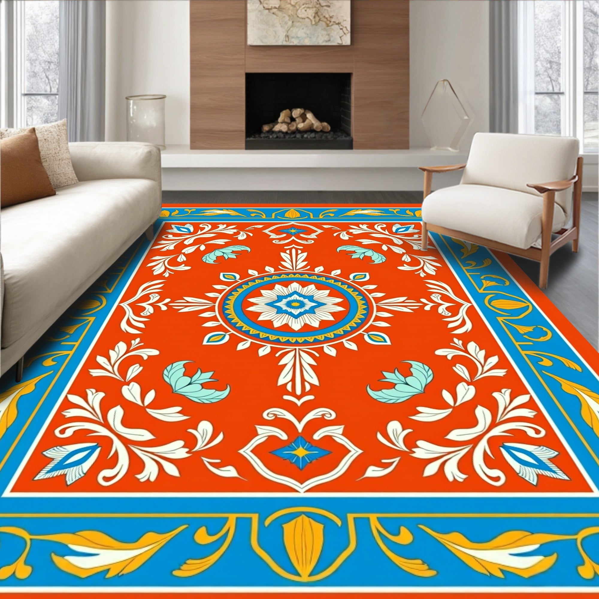 Vibrant Orange Floral Medallion Border Rug