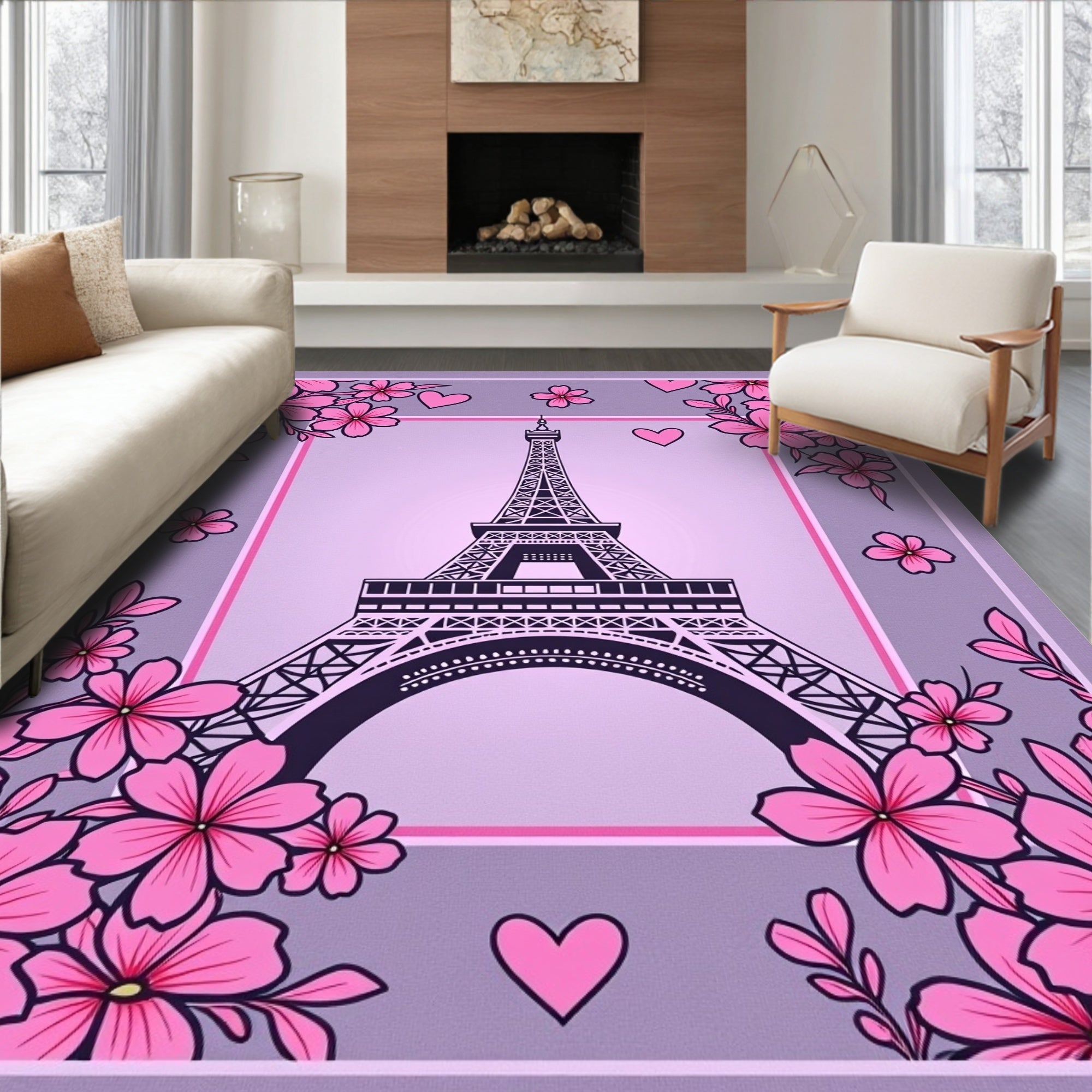 Eiffel Tower Pink Cherry Blossom Hearts Rug