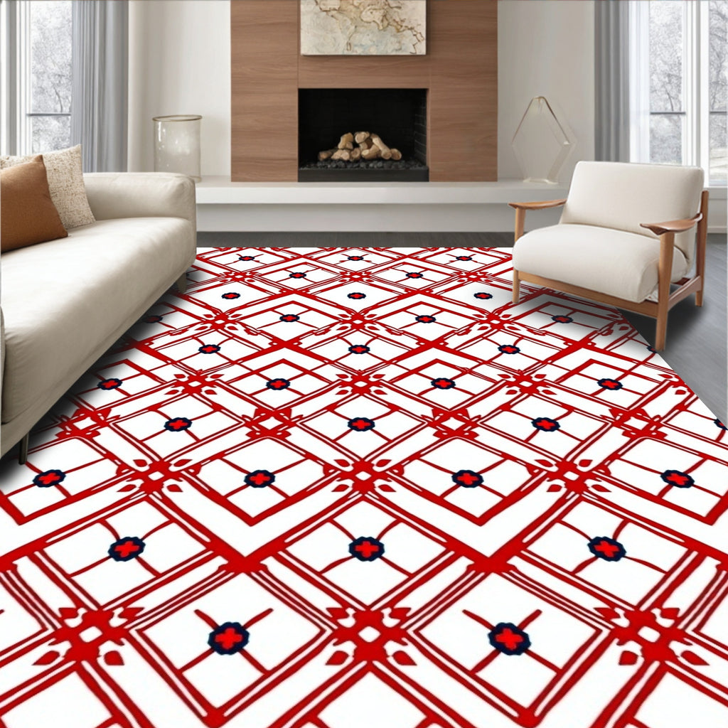 Crimson Lattice Floral Diamond Rug