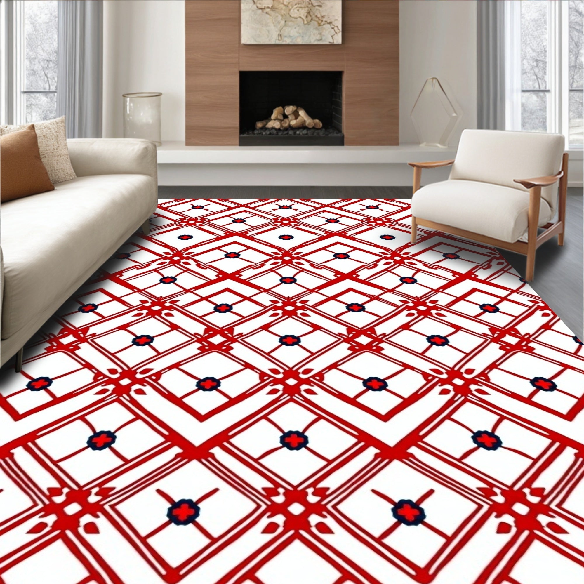 Crimson Lattice Floral Diamond Rug