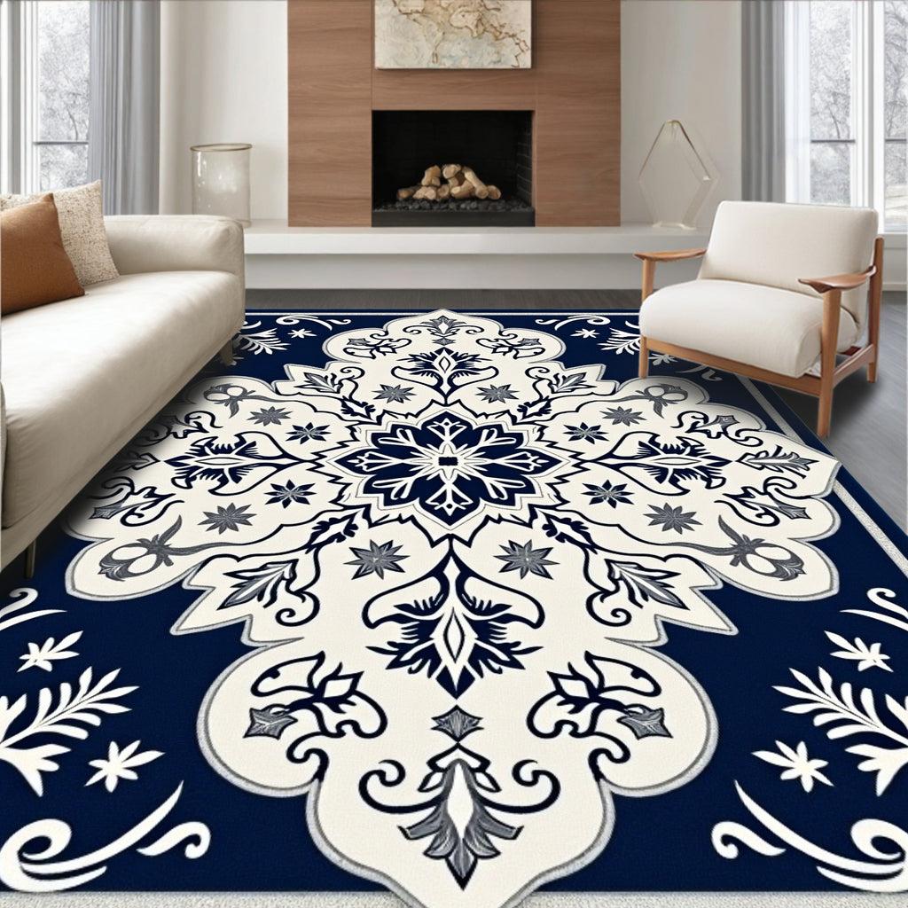 Elegant Navy Cream Floral Medallion Rug