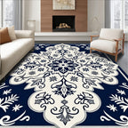 Elegant Navy Cream Floral Medallion Rug