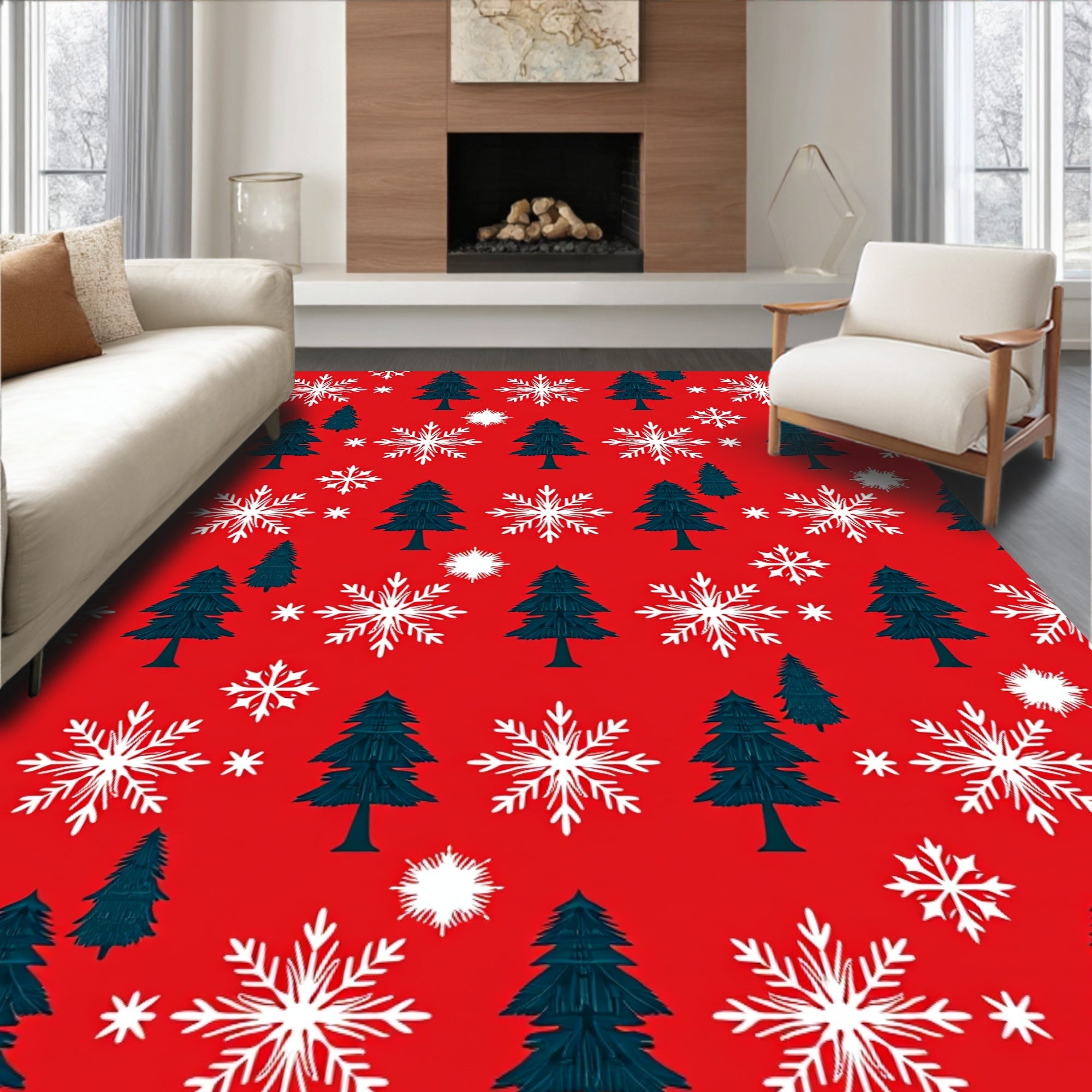 Festive Red Snowflakes Evergreen Trees Rug
