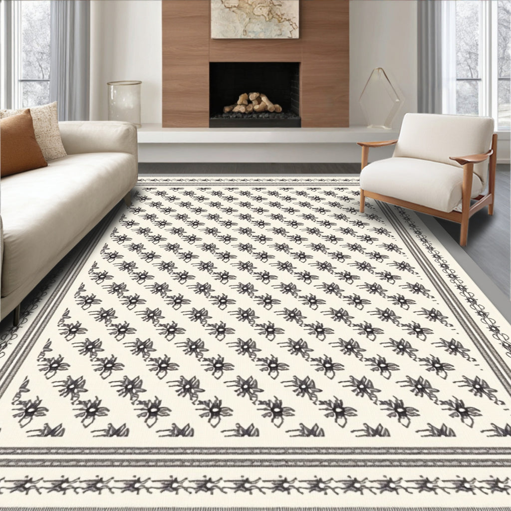 Cream Black Floral Meadow Rug