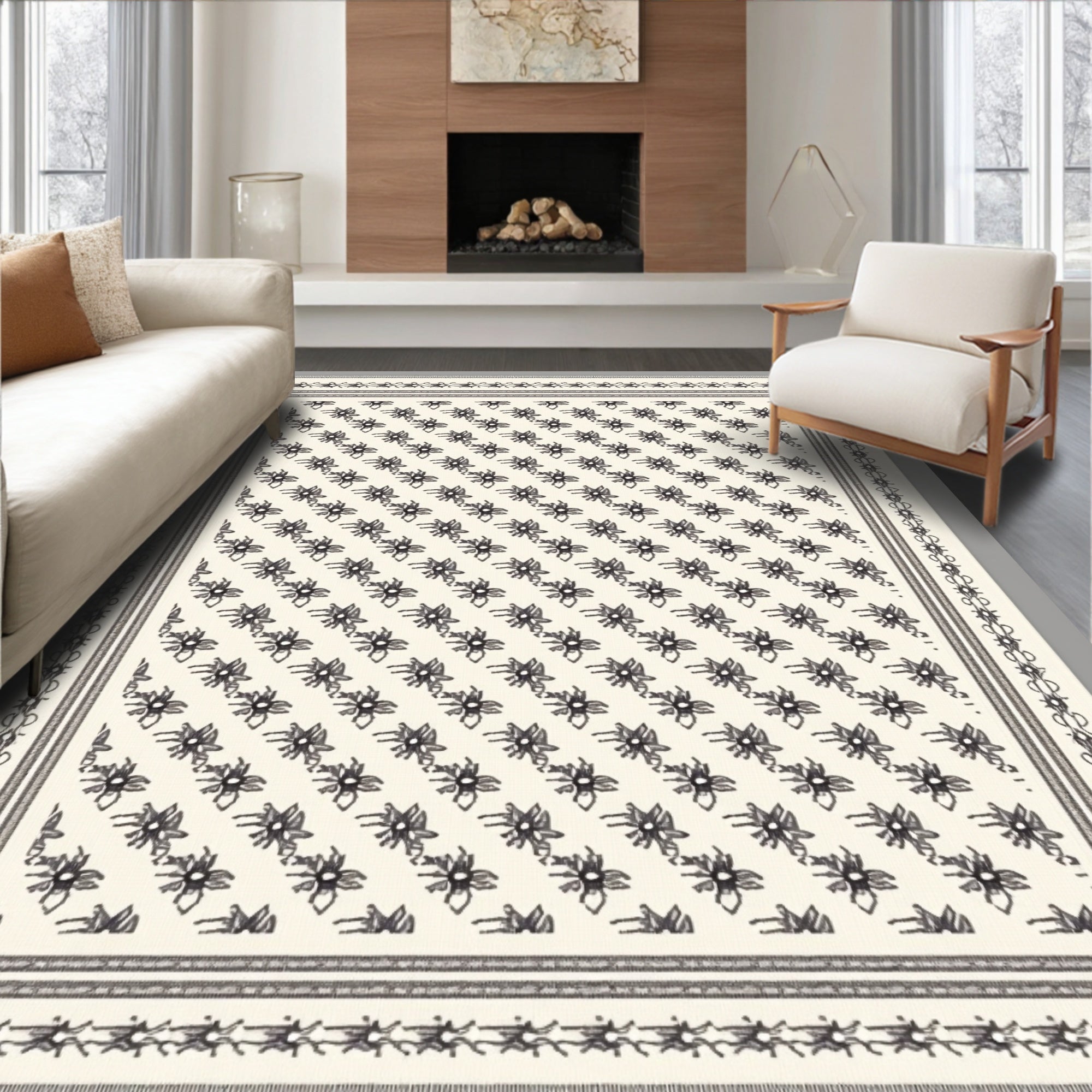 Cream Black Floral Meadow Rug