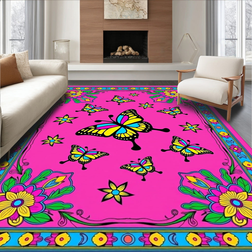 Vibrant Fuchsia Butterfly Floral Garden Rug