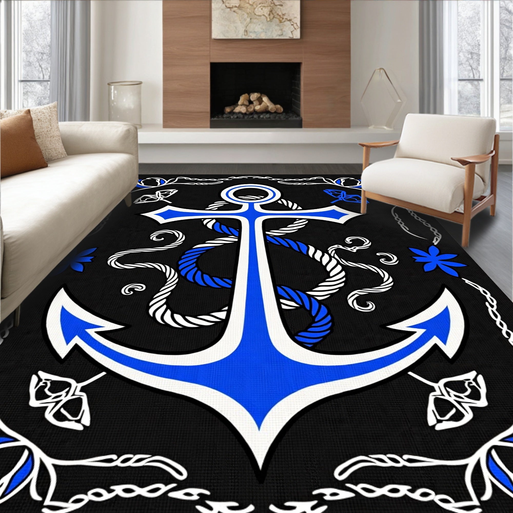 Nautical Blue White Anchor Rope Border Rug