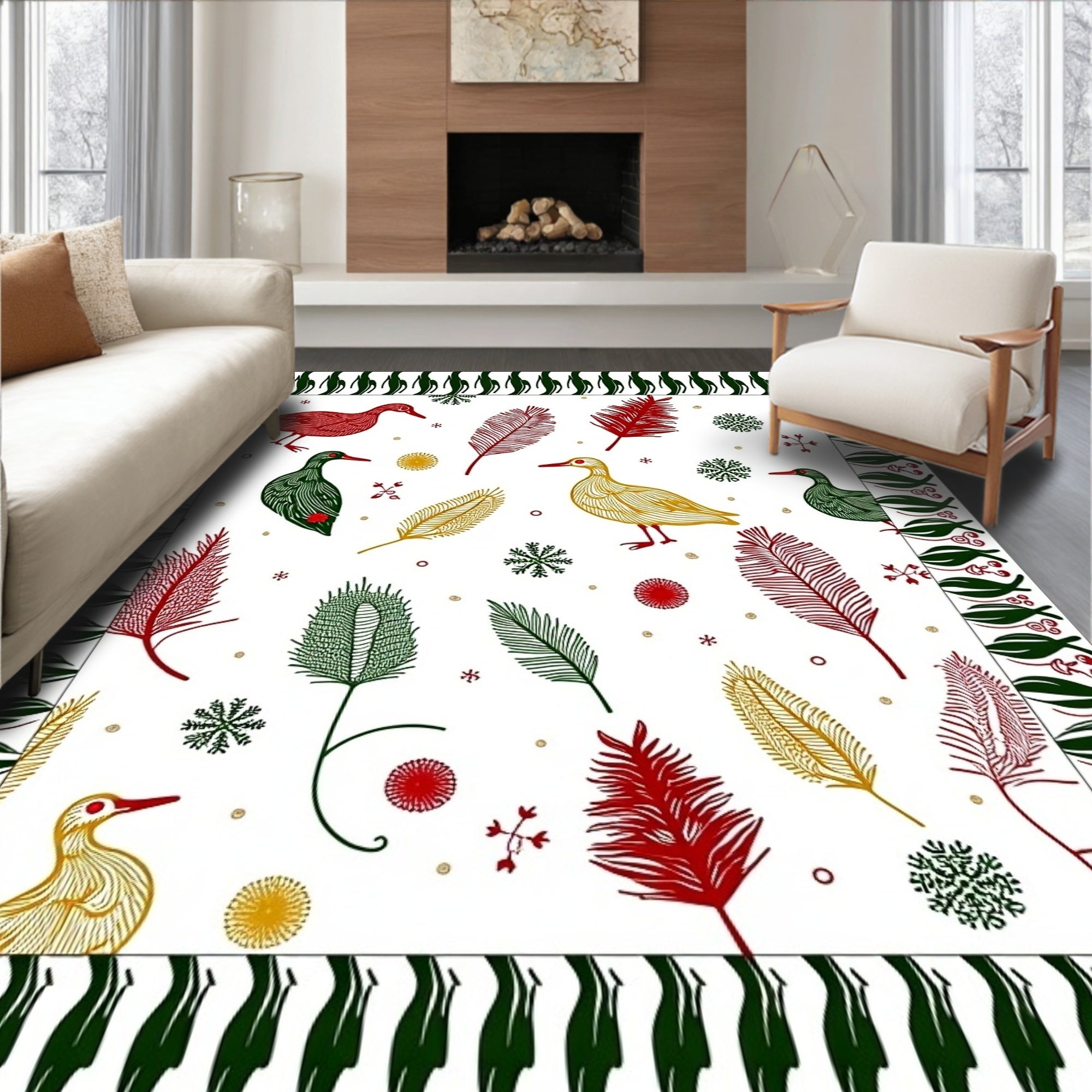 Whimsical Red Green Yellow Duck Feathers Rug