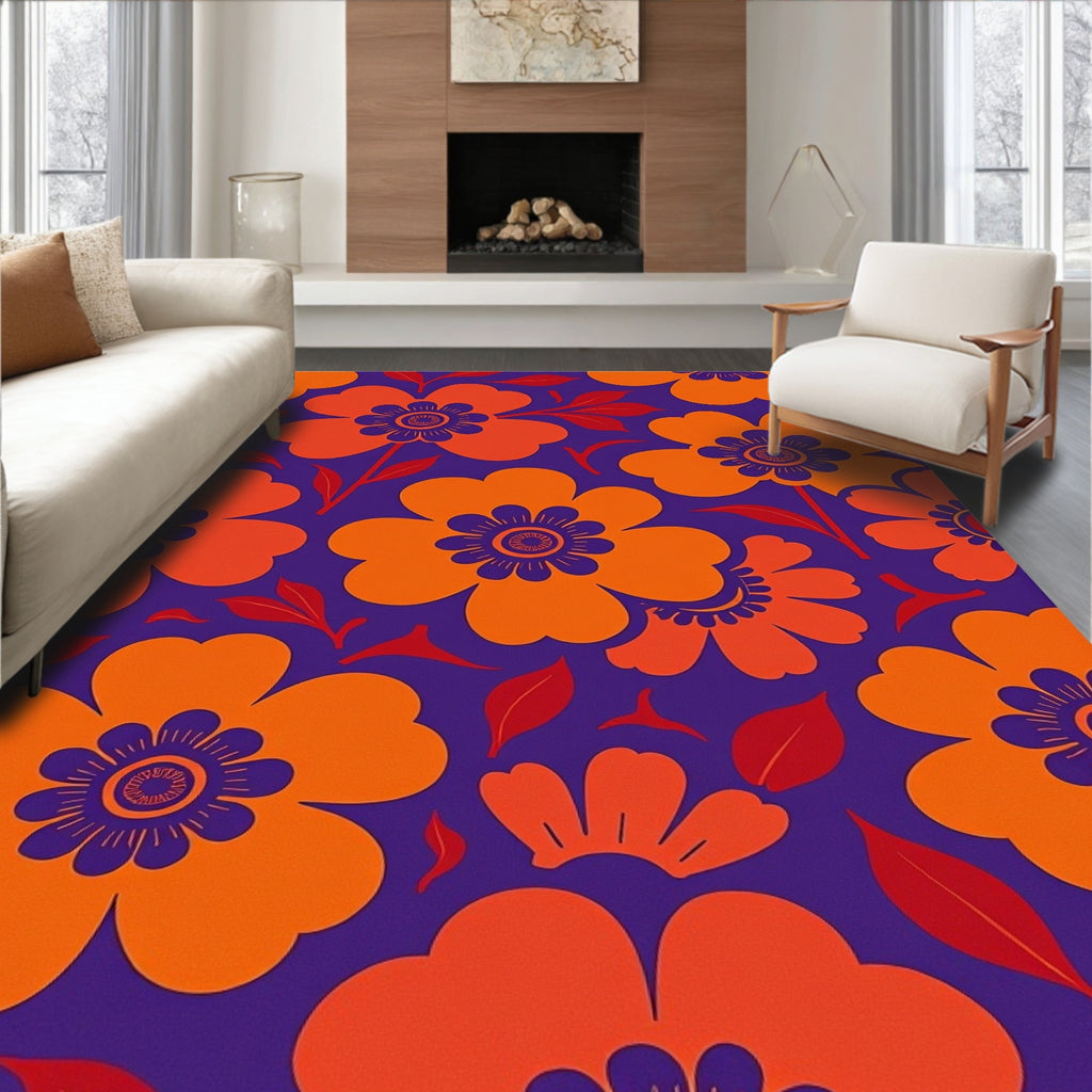 Bold Orange Floral Swirls on Deep Purple Rug