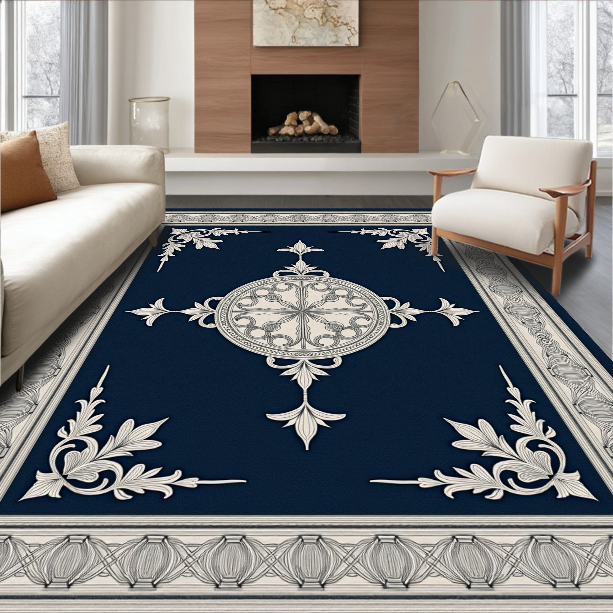Navy Cream Classic Medallion Square Rug