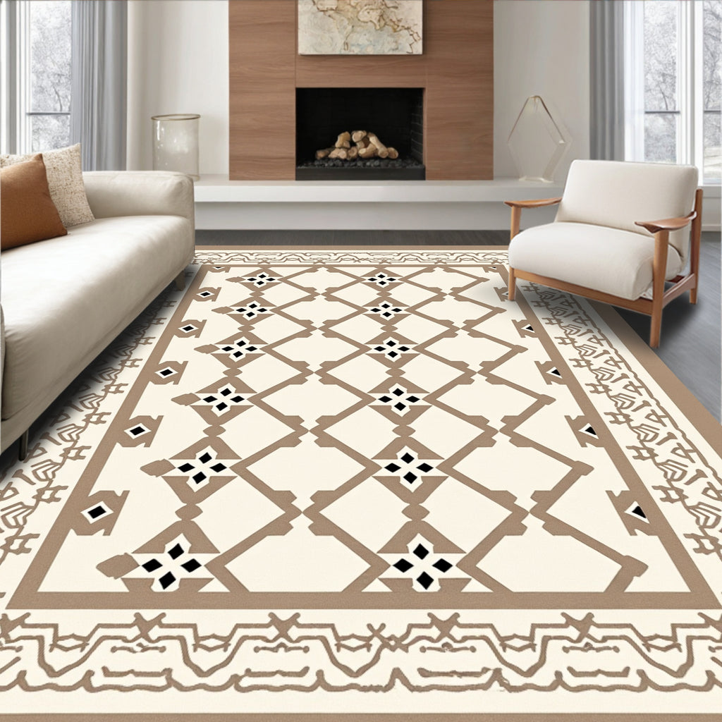 Cream Taupe Lattice Geometric Border Rug