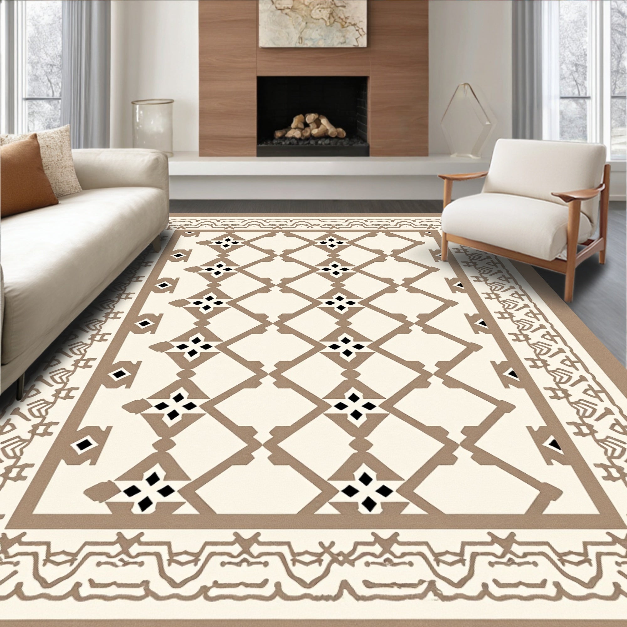 Cream Taupe Lattice Geometric Border Rug