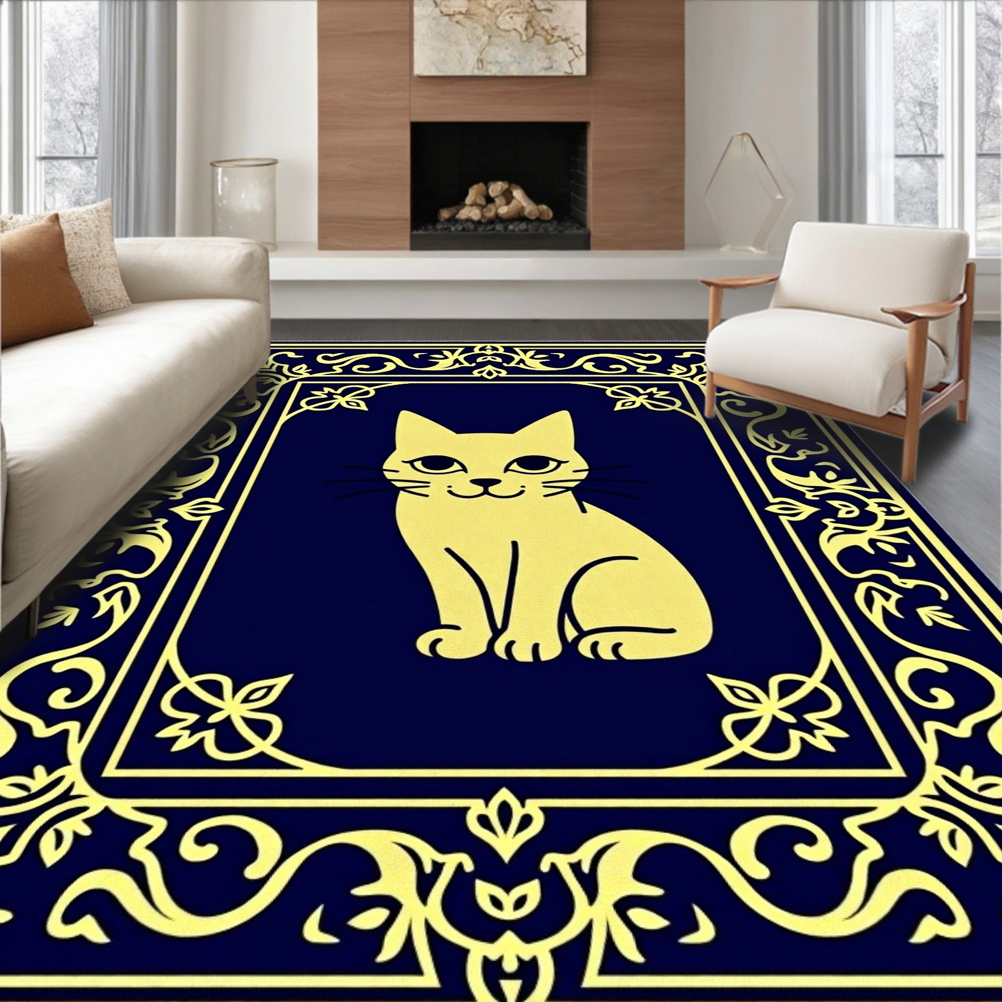 Yellow Cat Ornate Border Rug