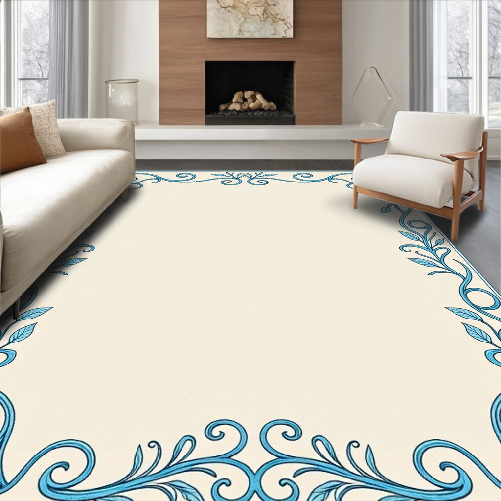 Sky Blue Floral Vine Border Rug