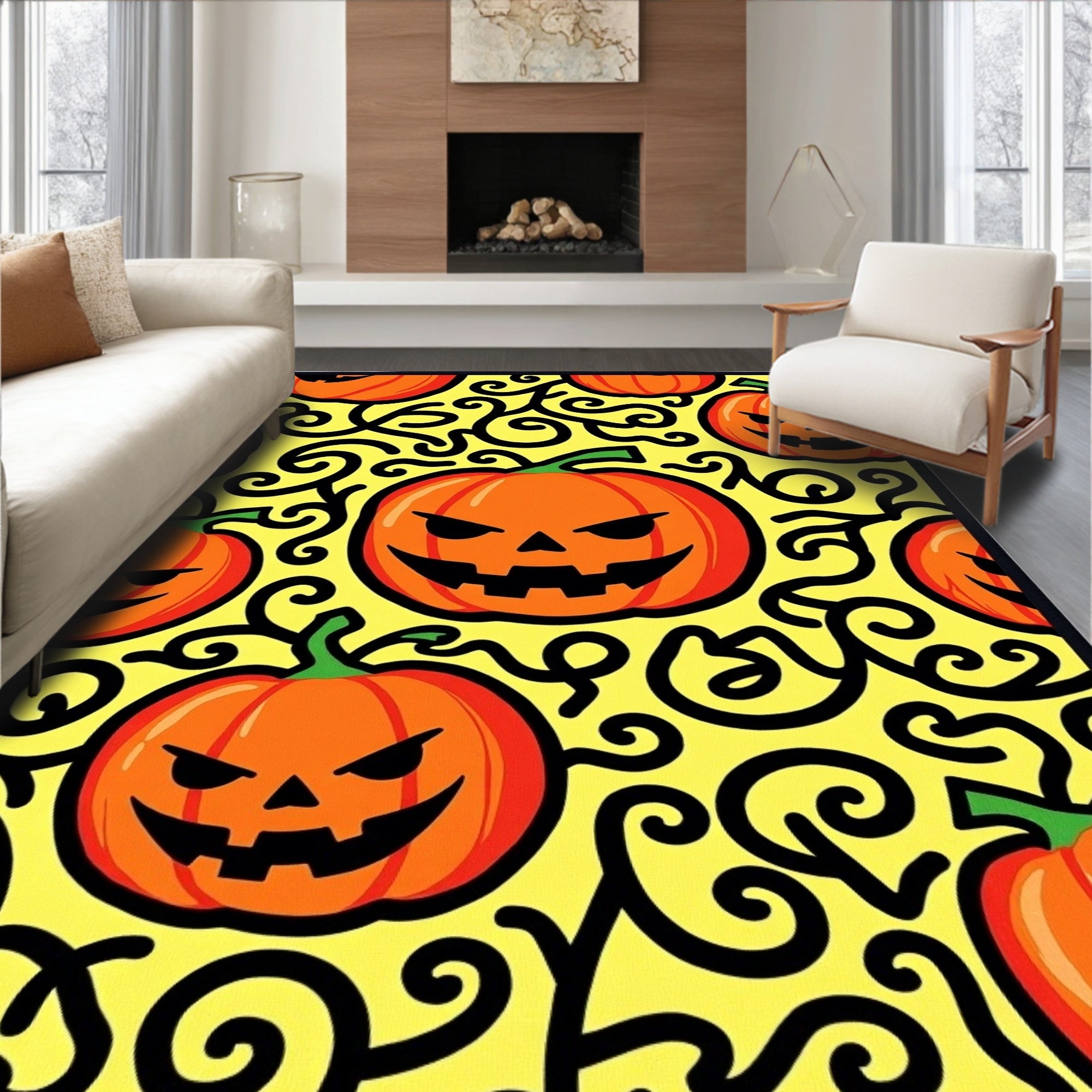 Spooky Orange Pumpkin Swirl Yellow Rug