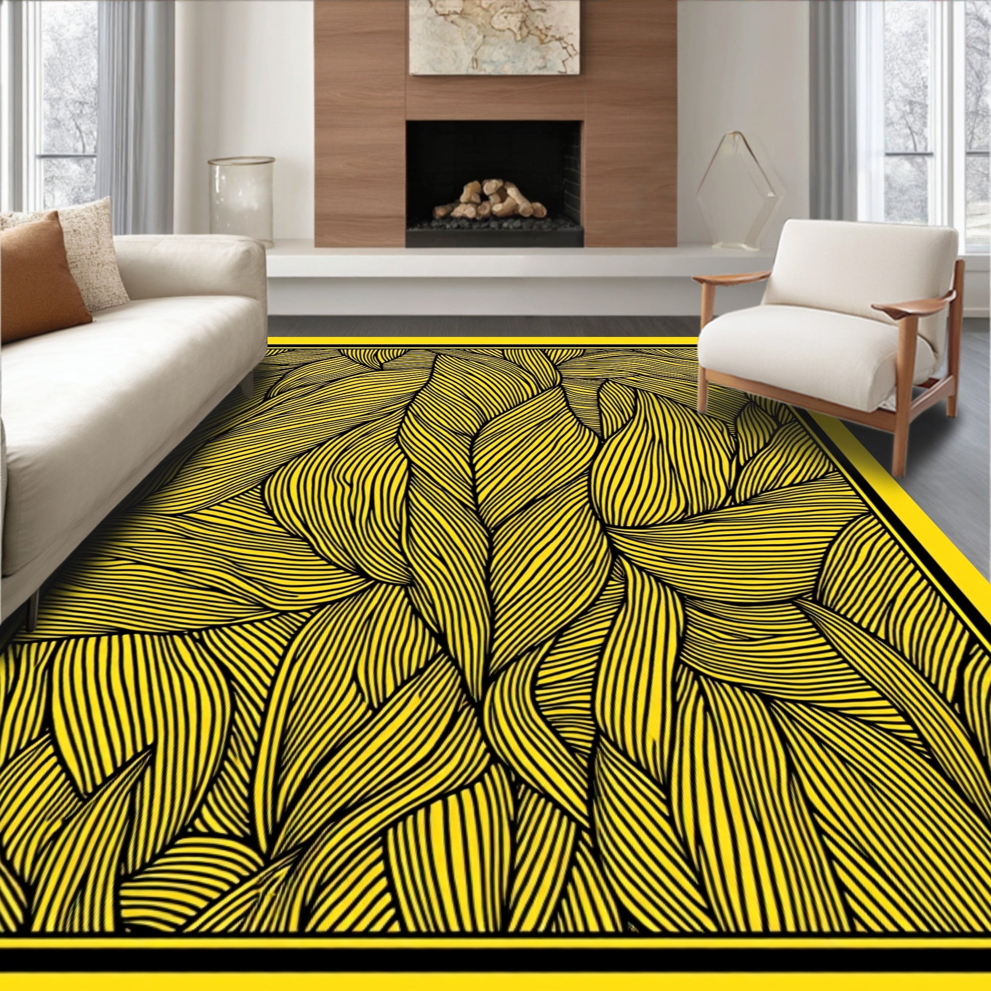 Vibrant Yellow Black Striped Foliage Rug