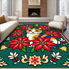 Festive Calico Cat Poinsettia Bells Border Rug