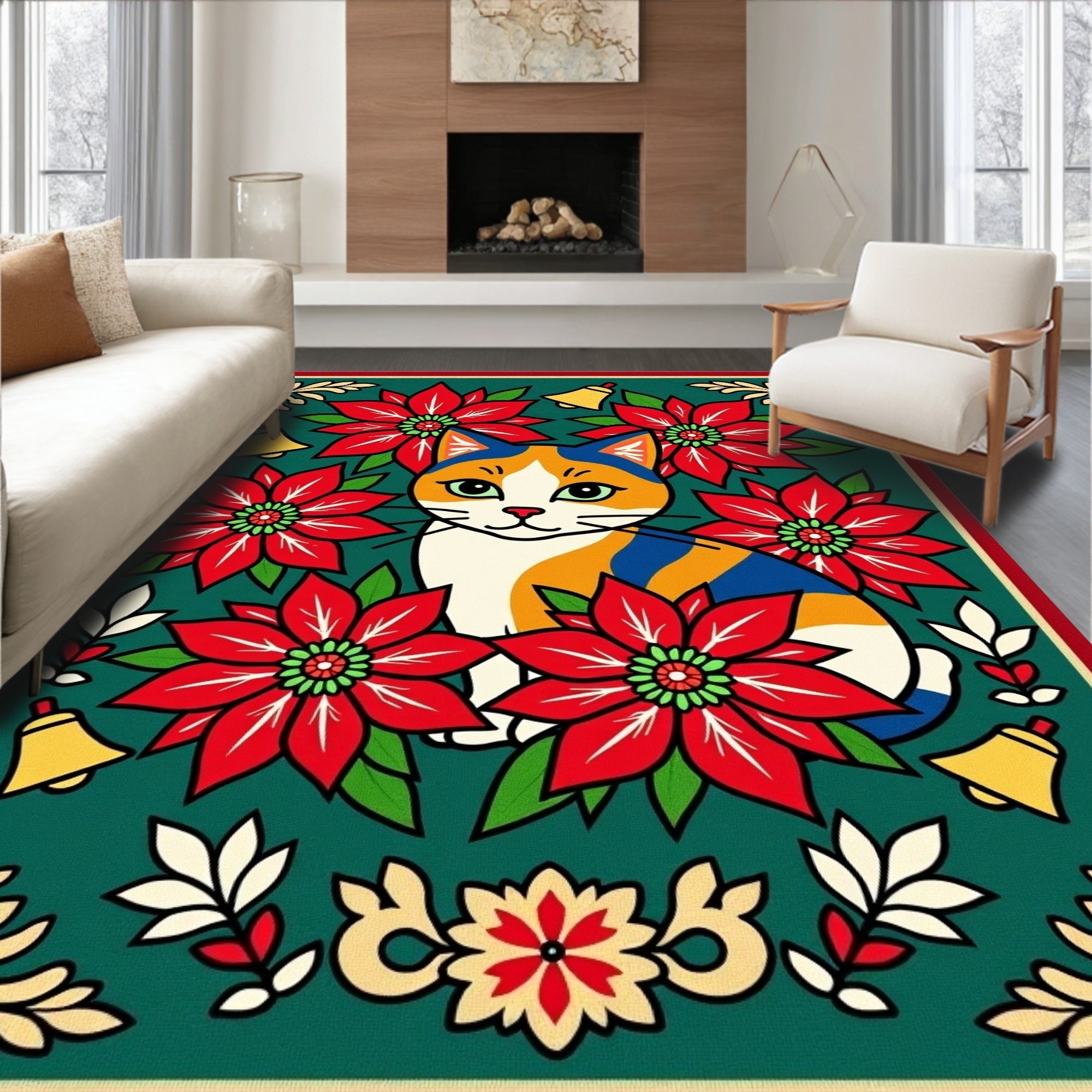 Festive Calico Cat Poinsettia Bells Border Rug