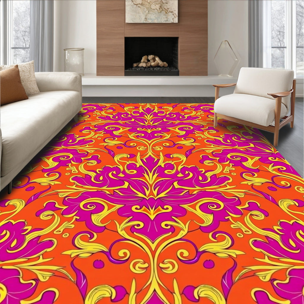 Vivid Magenta Yellow Floral Damask Rug
