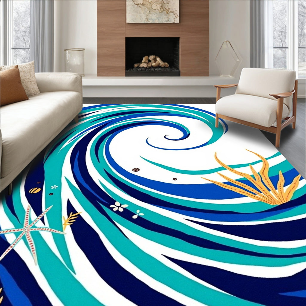 Deep Blue Ocean Swirl Starfish Rug