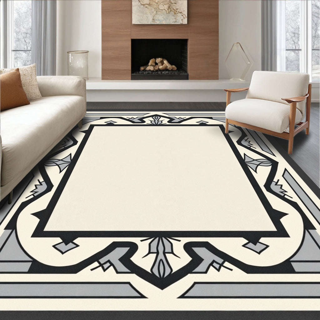 Geometric Art Deco Cream Black Gray Rug