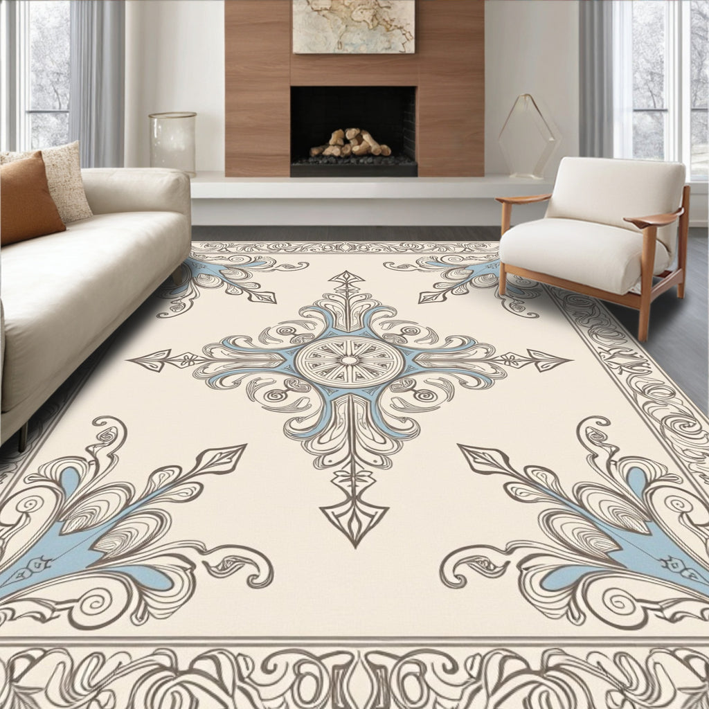 Antique Blue Inlay Scrollwork Centerpiece Rug