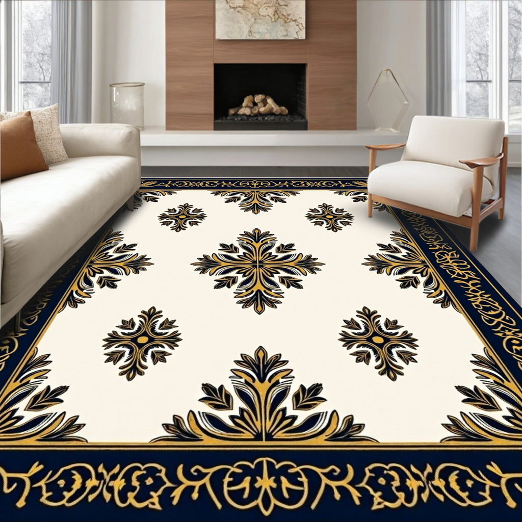 Navy Gold Quatrefoil Floral Border Rug