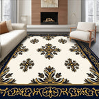 Navy Gold Quatrefoil Floral Border Rug