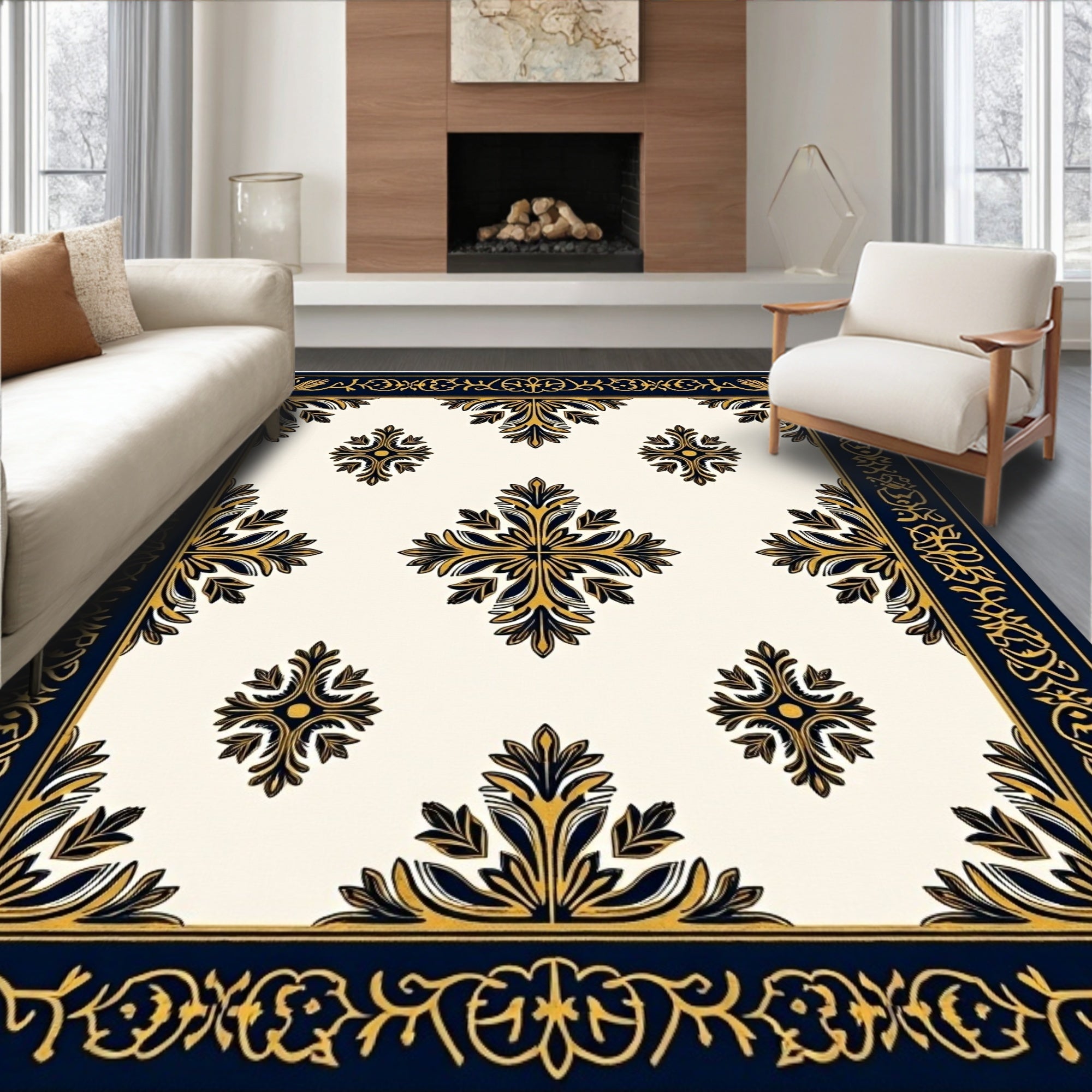 Navy Gold Quatrefoil Floral Border Rug