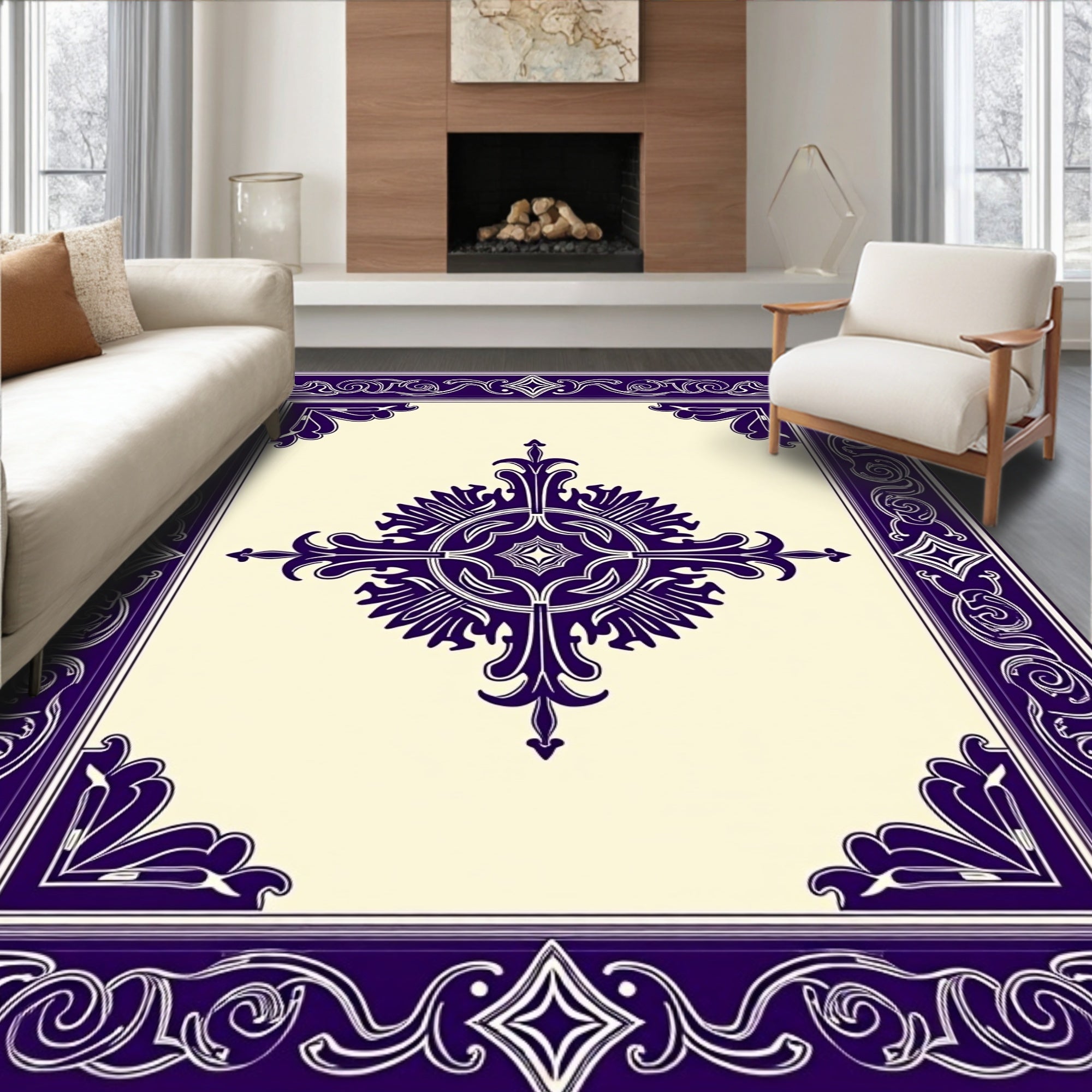 Deep Purple Floral Frame Medallion Rug