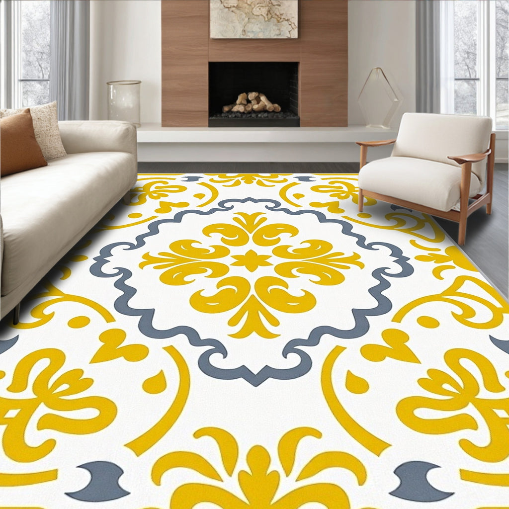 Yellow Gray Rococo Scroll Medallion Rug
