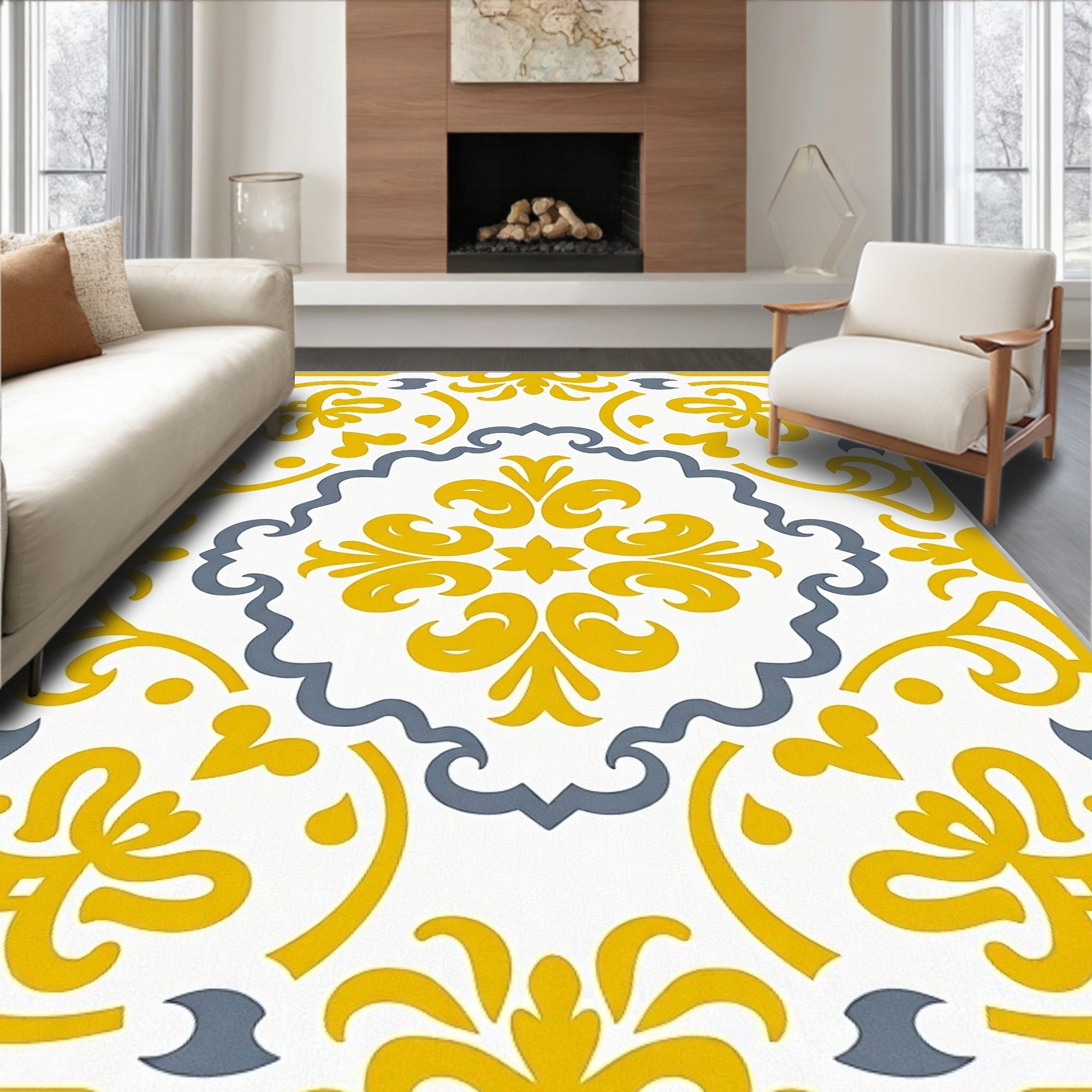 Yellow Gray Rococo Scroll Medallion Rug