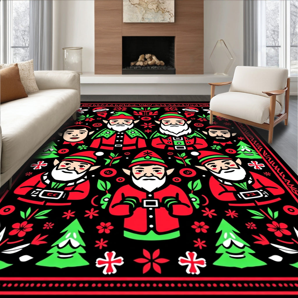 Festive Red Green Elves Christmas Border Rug