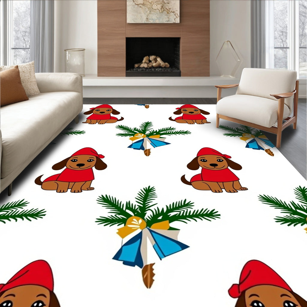 Festive Red Dog Green Pine Wreath Rug