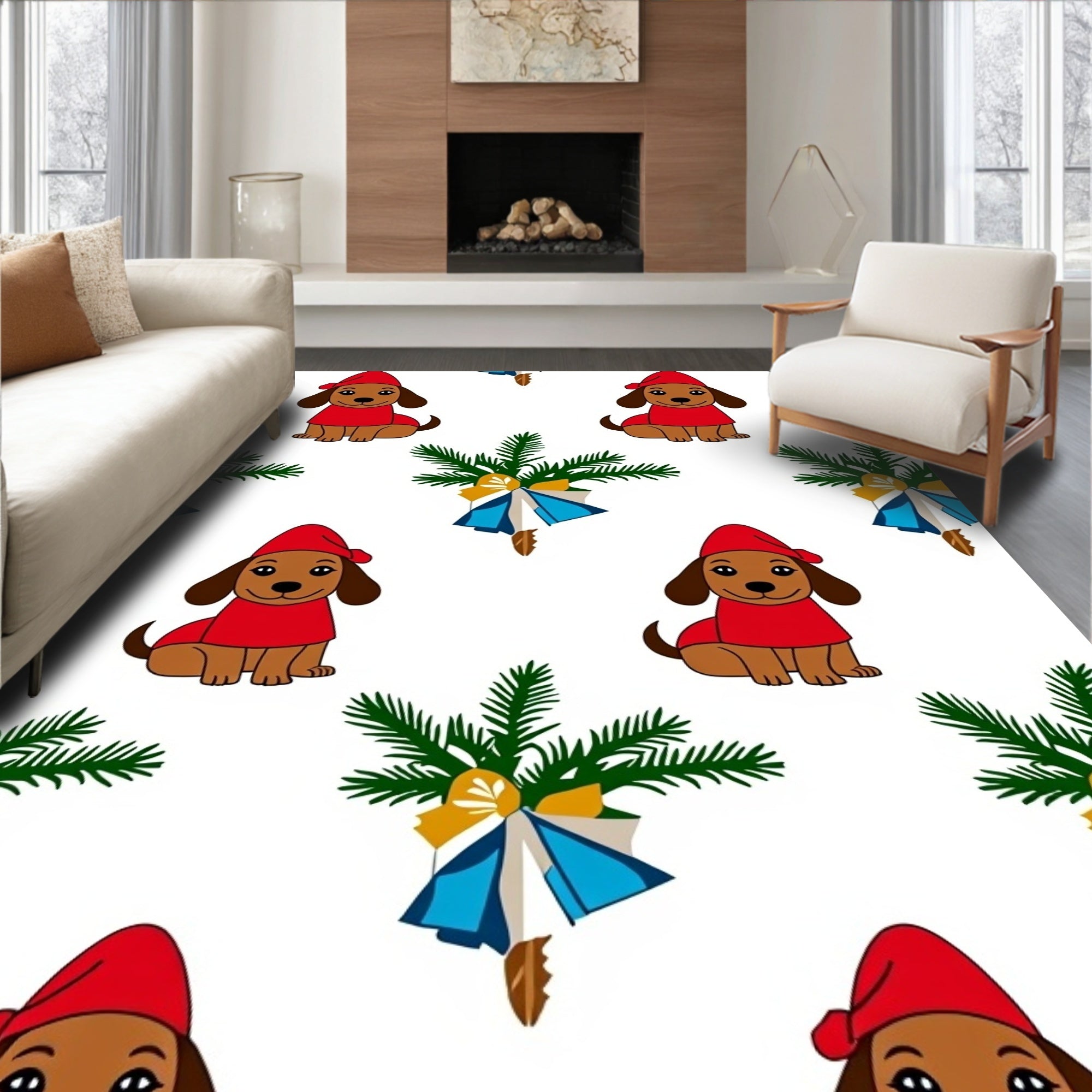 Festive Red Dog Green Pine Wreath Rug