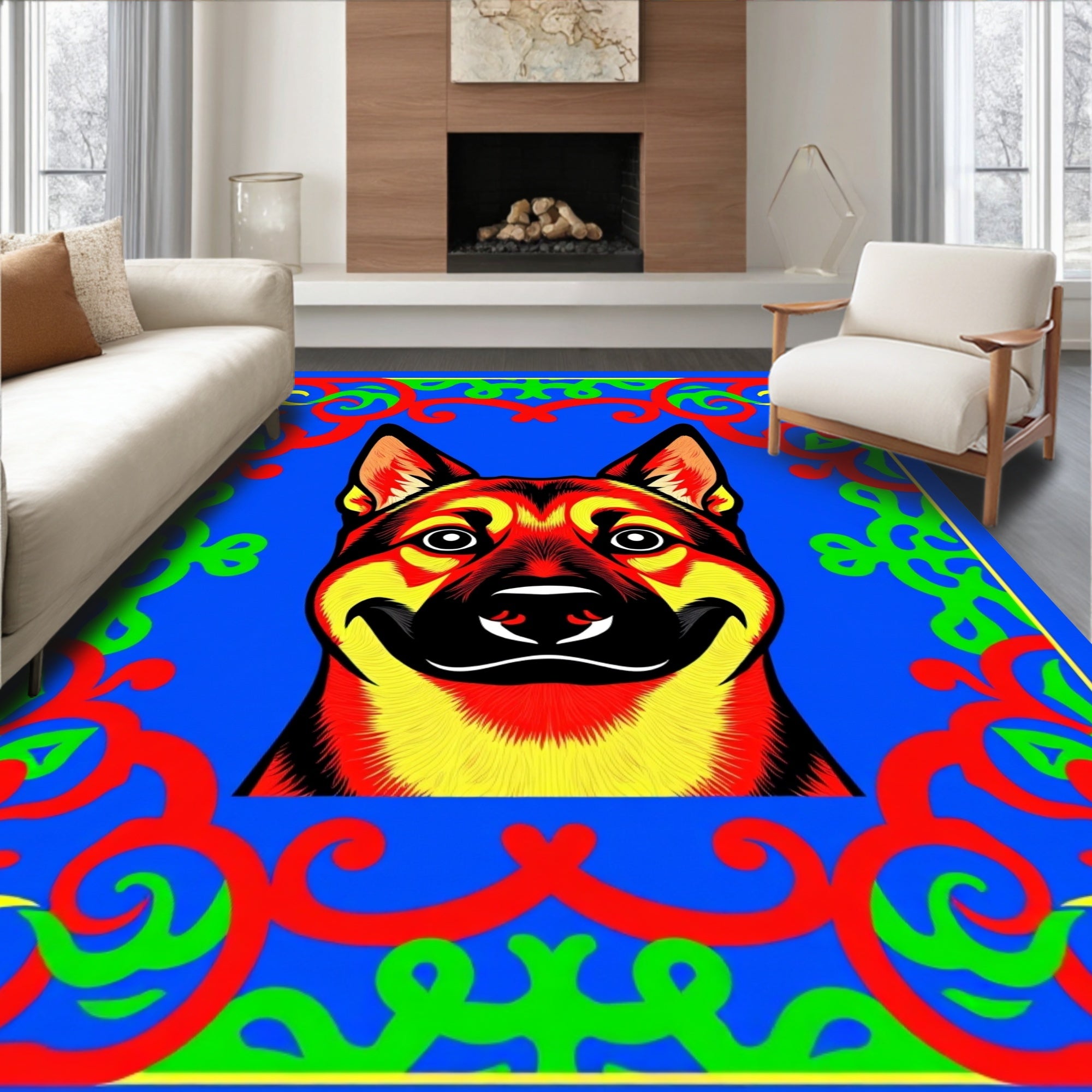 Vibrant Red Dog Tribal Frame Rug