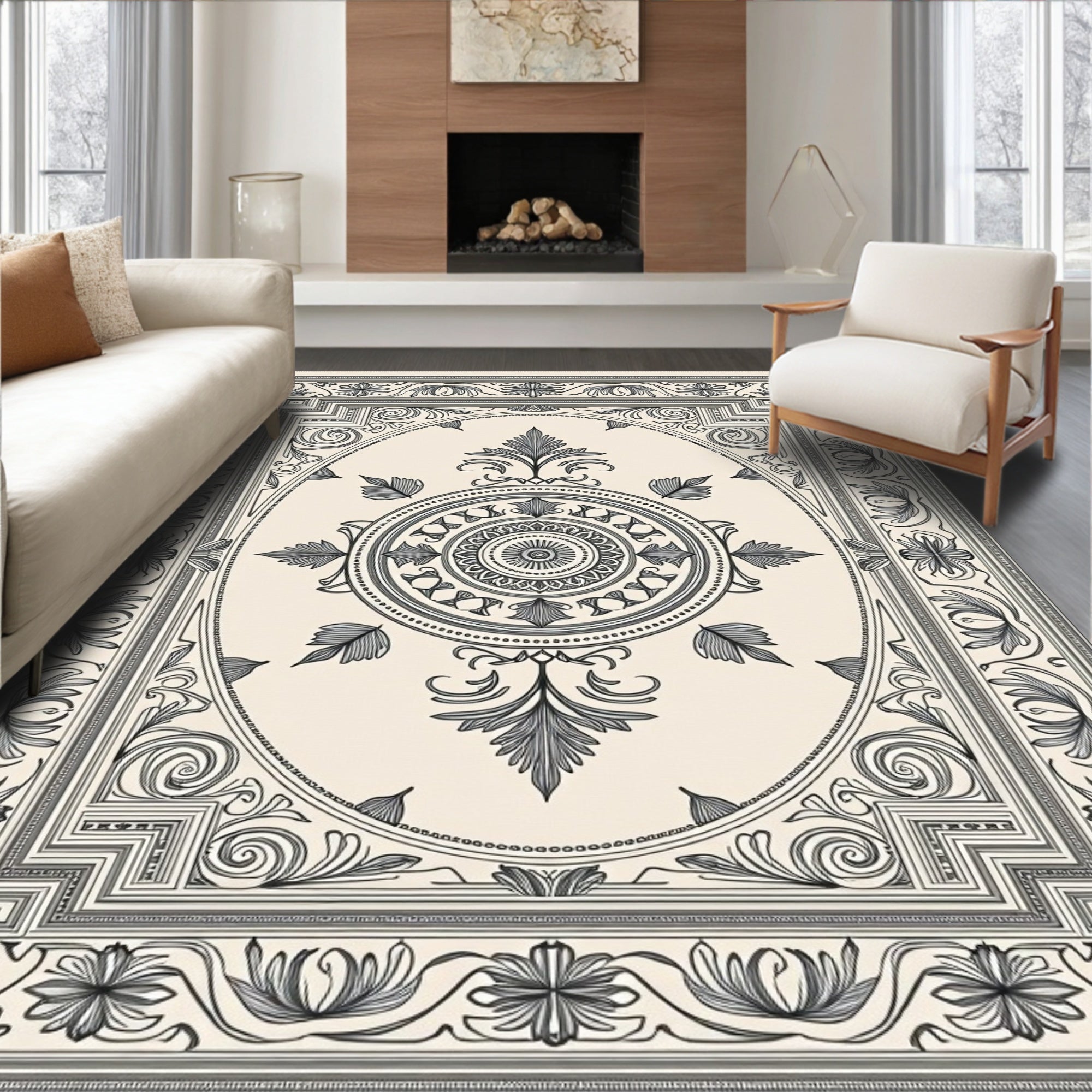 Cream and Charcoal Floral Medallion Rug