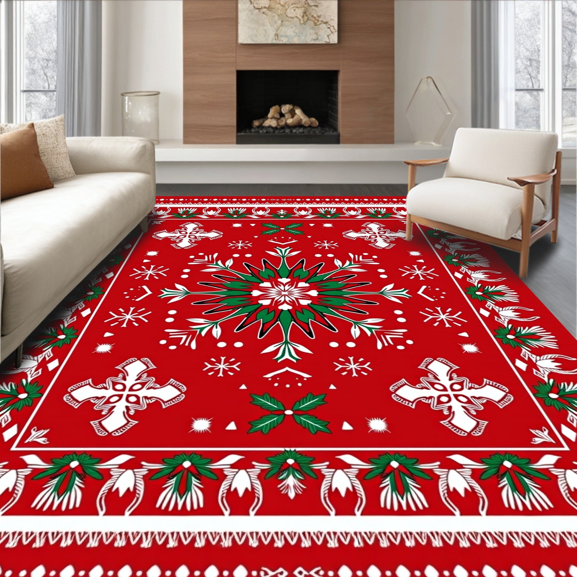 Red White Green Holiday Snowflake Medallion Rug