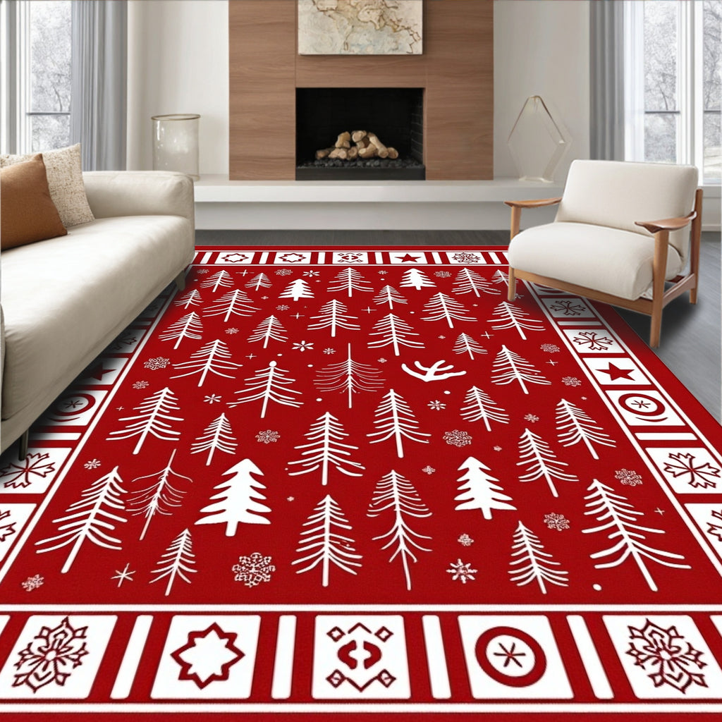 Crimson Winter Tree Snowflakes Border Rug