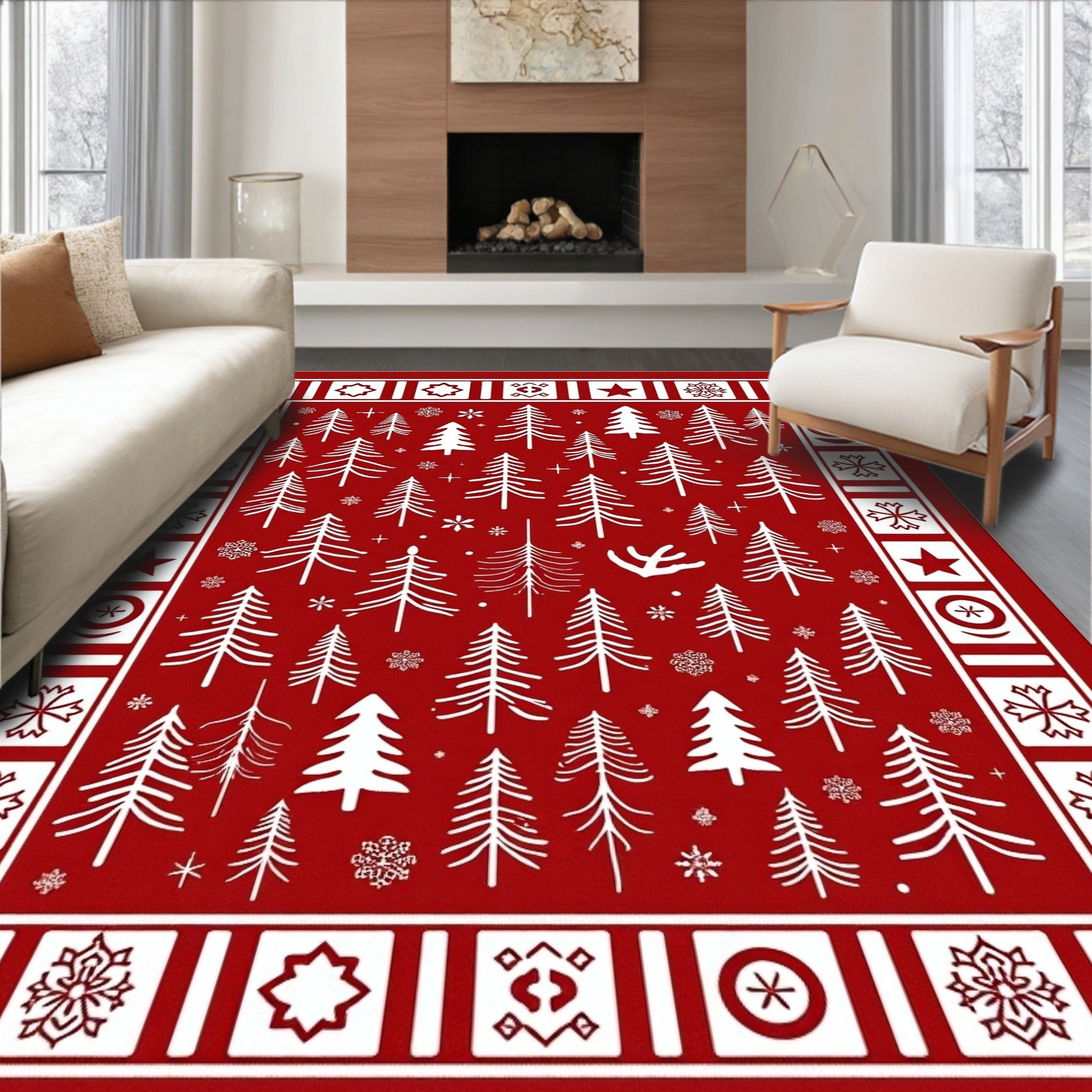 Crimson Winter Tree Snowflakes Border Rug