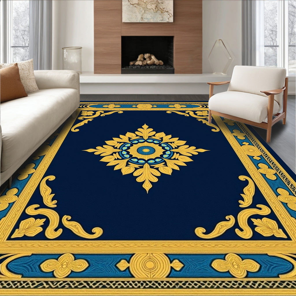 Ornate Navy Blue Gold Floral Medallion Rug