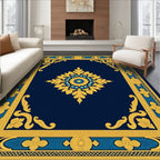 Ornate Navy Blue Gold Floral Medallion Rug