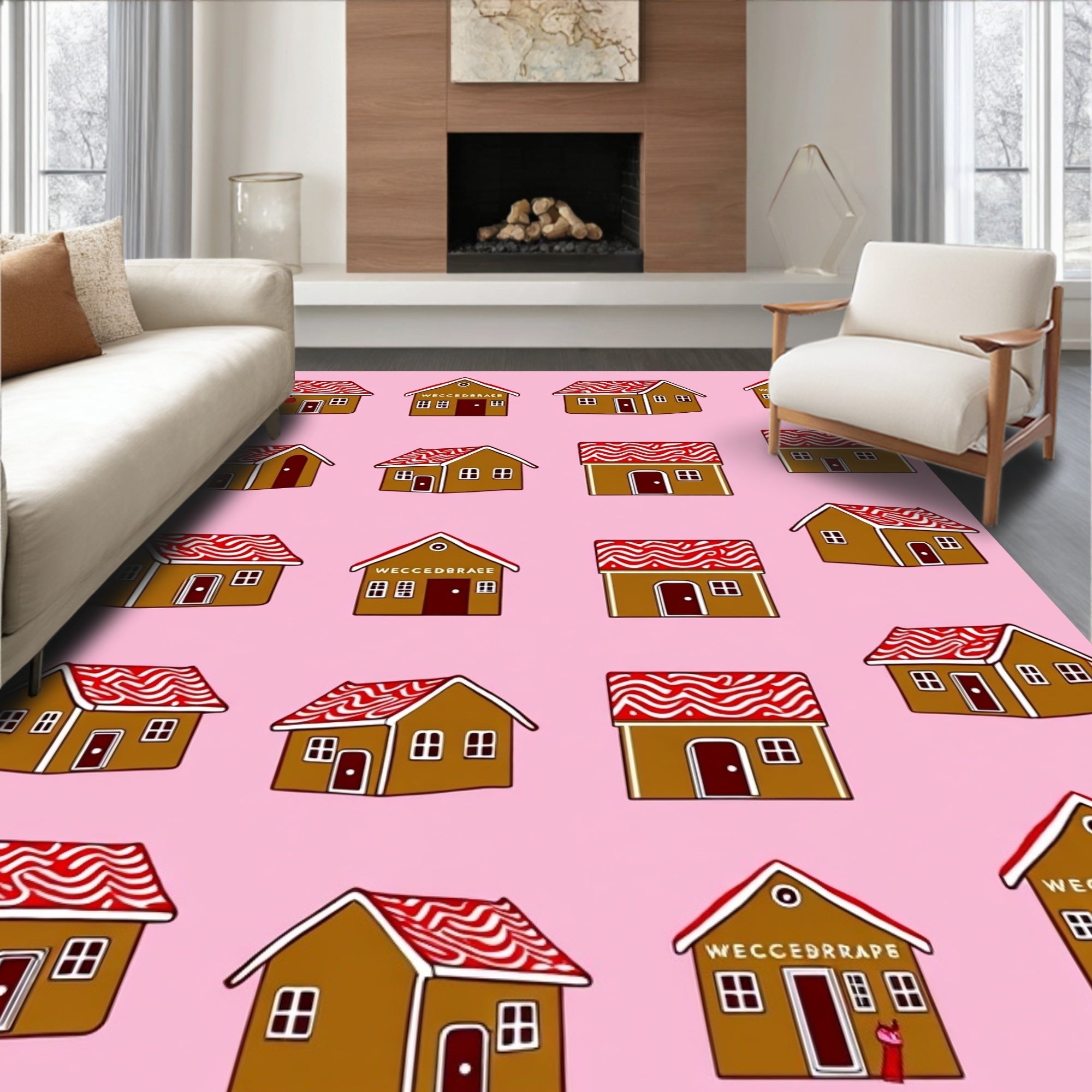 Gingerbread Houses Red White Swirl Roof Rug