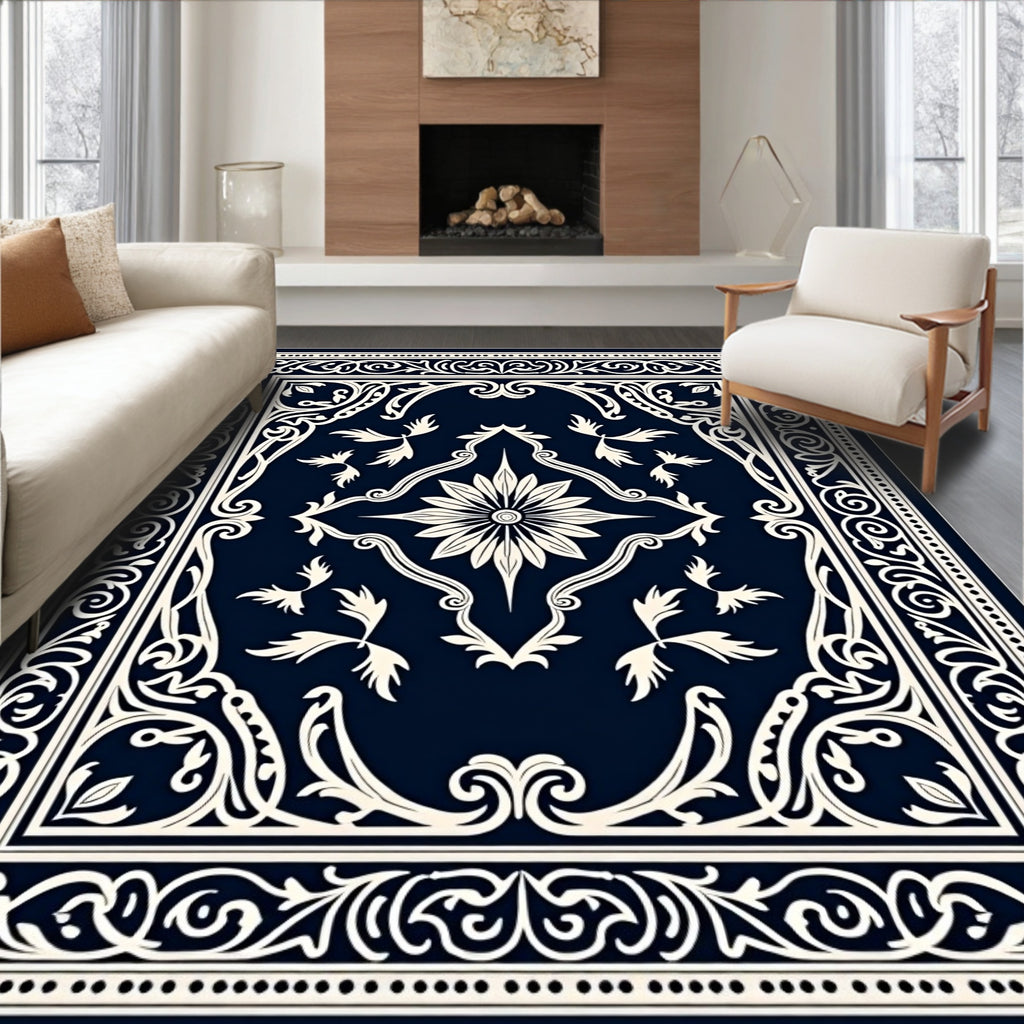 Naval White Ornamental Scrollwork Floral Rug