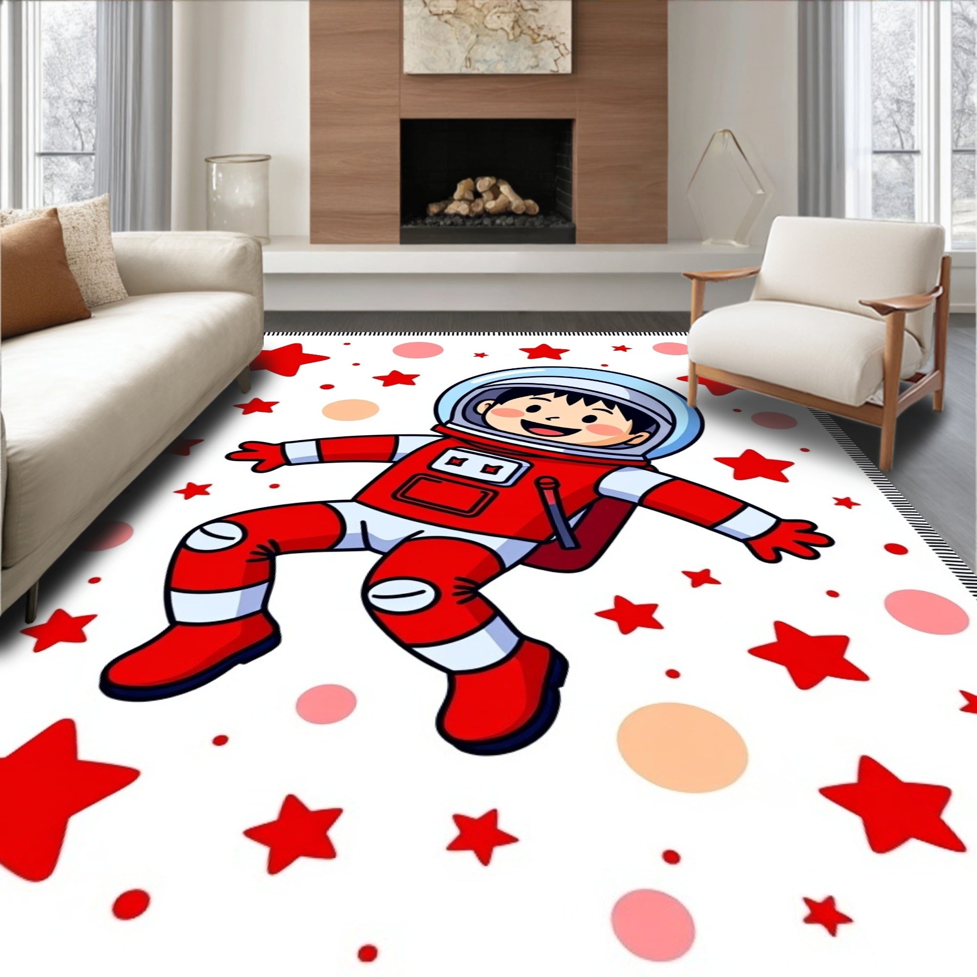 Cute Red Astronaut Floating Amongst Stars Rug
