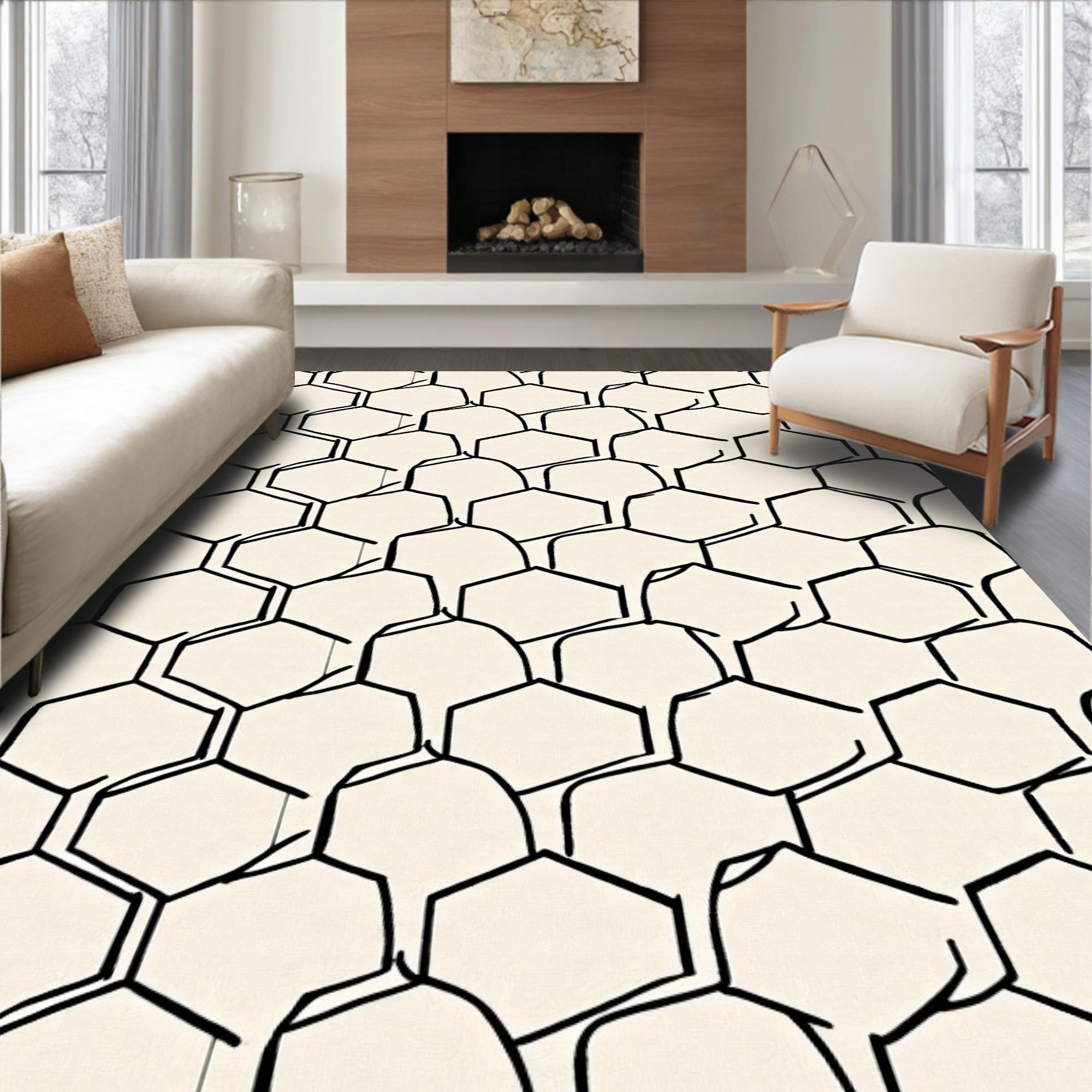 Cream Black Hexagonal Organic Grid Rug