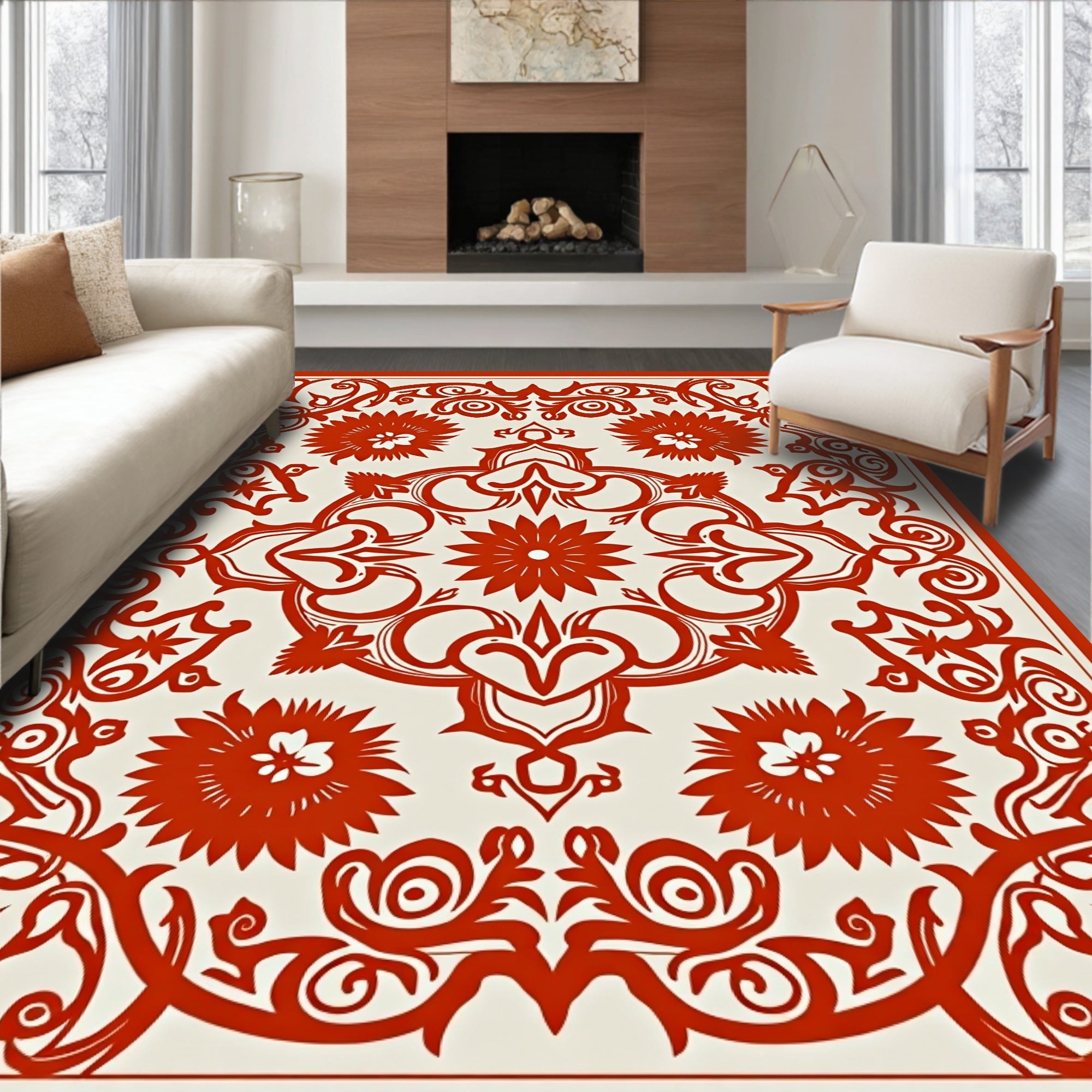 Crimson Floral Medallion Square Rug