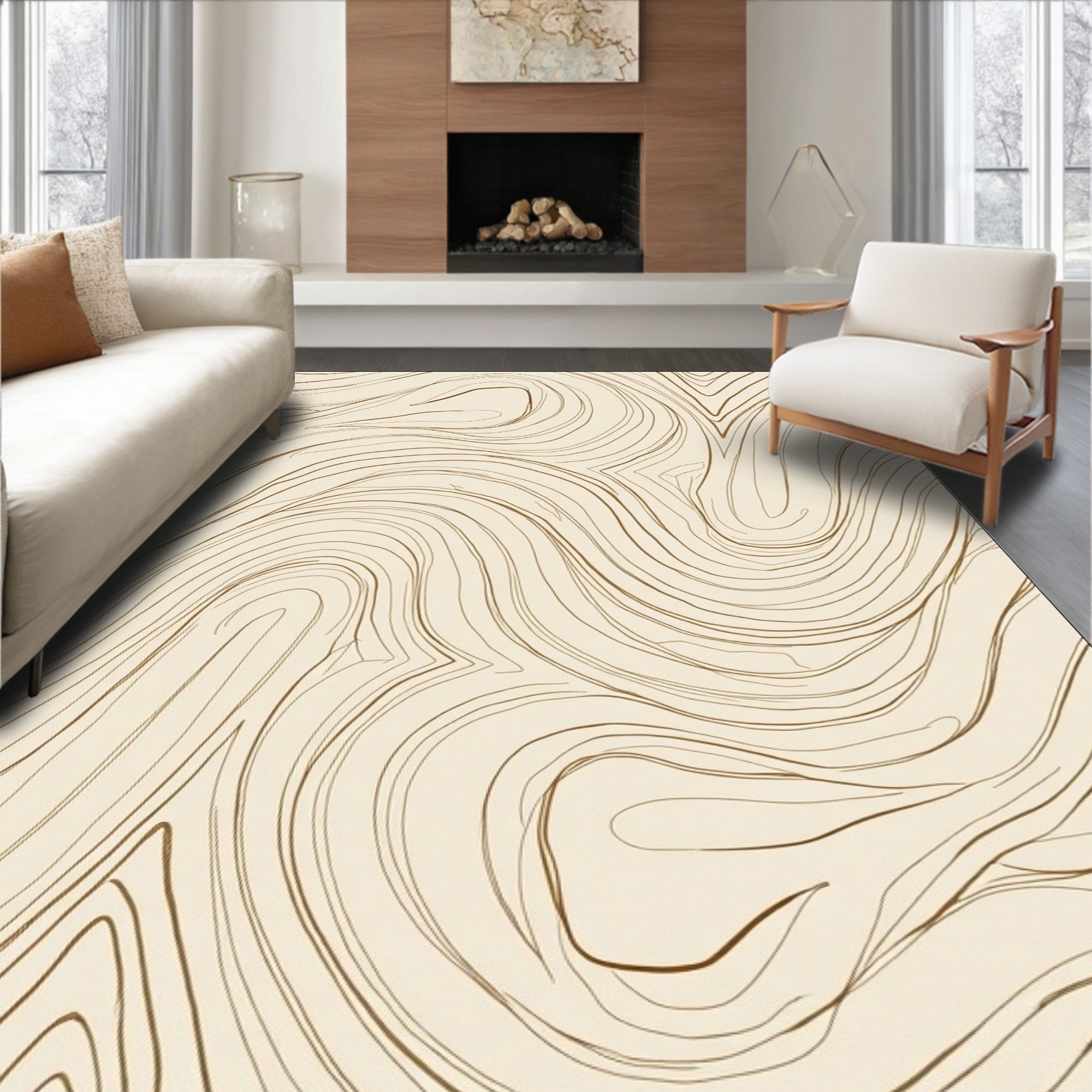 Cream and Gold Swirl Lines Rug