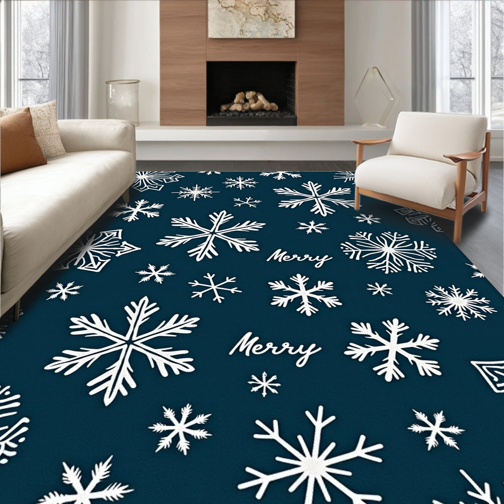 White Snowflakes on Deep Blue Background Rug